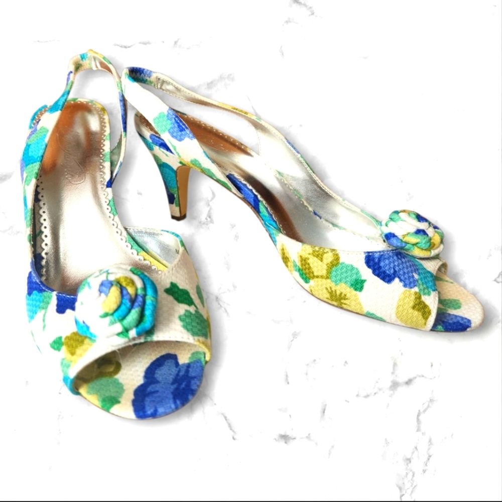 MichaelAngelo Floral Sling Back  Open Toe Blue And Teal Flowers-Size 8M